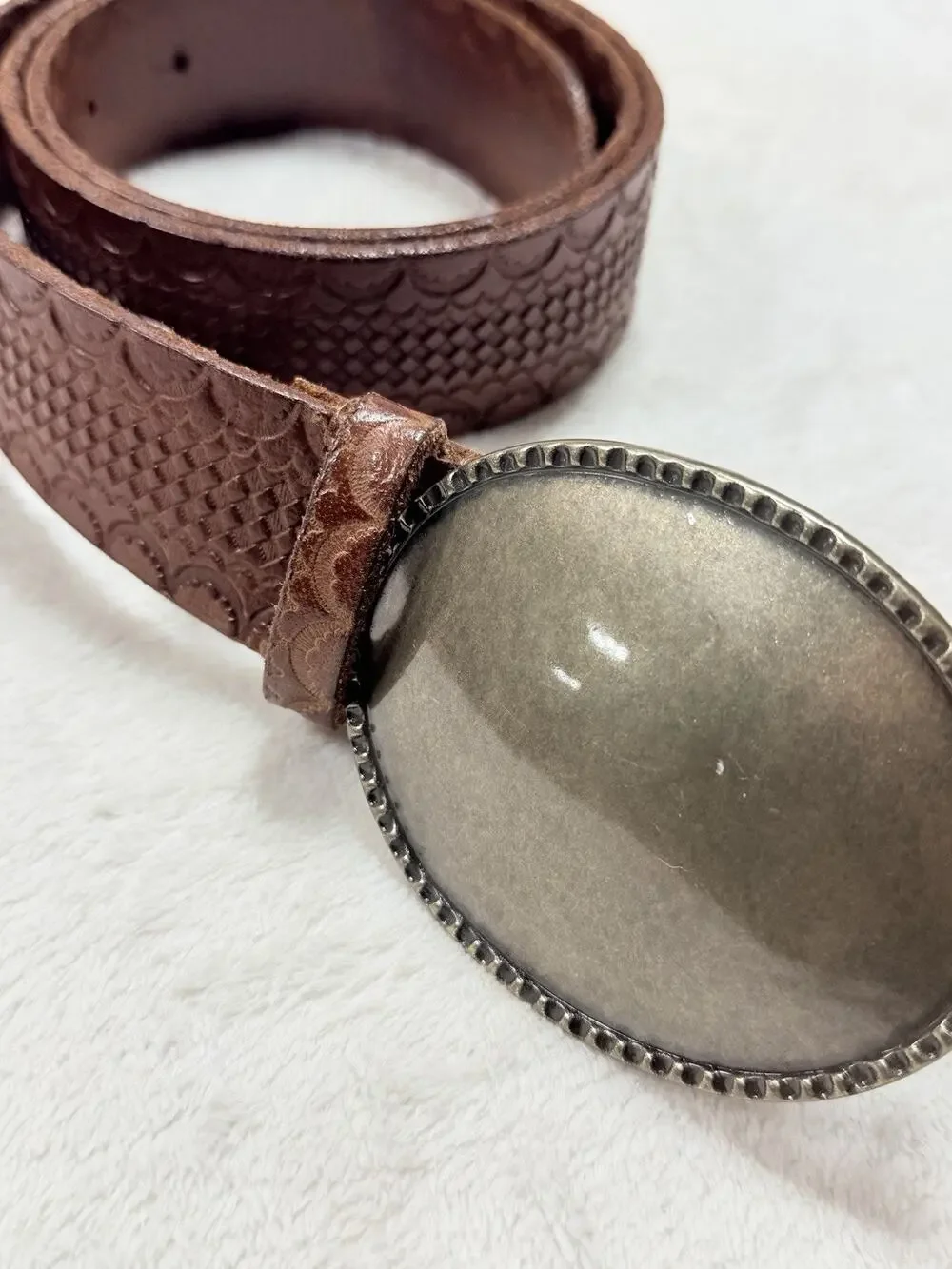 We The Free People Leather Belt Womens Medium M Basketweave Oval Buckle Brown